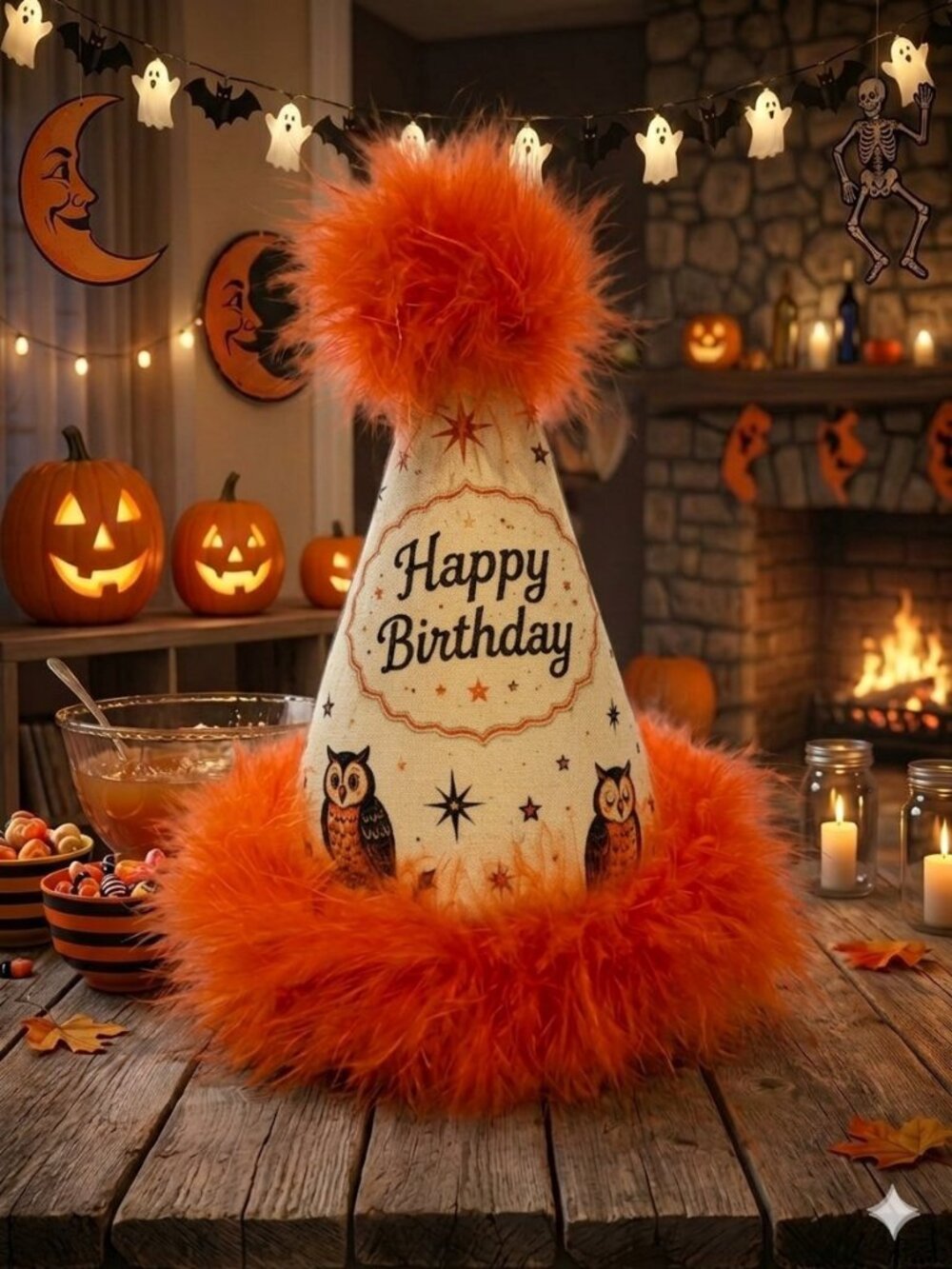 Handmade Halloween Owl Birthday Party Hat • Vintage Style Cotton Fabric Hat NEW